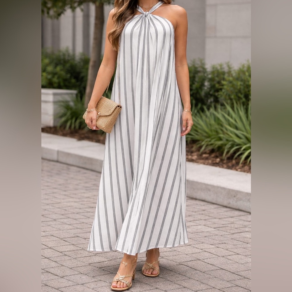 Sleeveless Striped Halter Maxi Dress in White and Gray